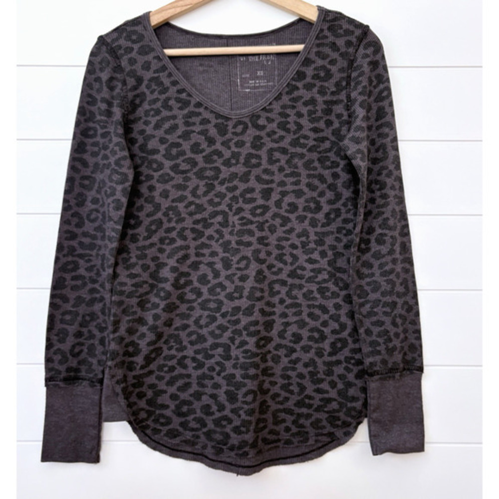 Free People We The Free Leopard Print Waffle Thermal Long Sleeve Top Raw Hem